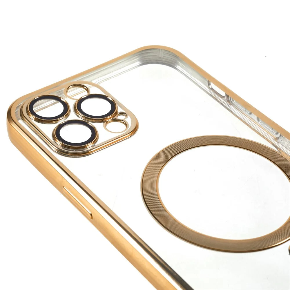 For iPhone 12 Pro Max 6.7 inch Clear TPU Phone Case Precise Cutouts Magnetic Cover with Lens Protector - Gold - 6