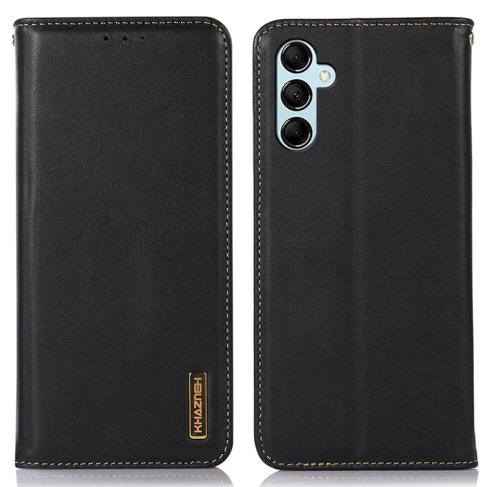 KHAZNEH For Samsung Galaxy M14 5G Stand Wallet Phone Case RFID Blocking Genuine Cowhide Leather Cover - Black - 1