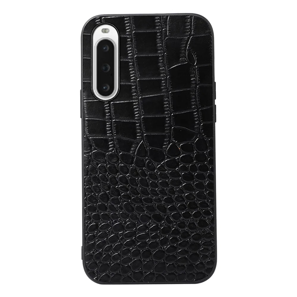 For Sony Xperia 10 V Slim Phone Case Genuine Cowhide Leather+PC+TPU Crocodile Texture Shockproof Cover - Black - 1