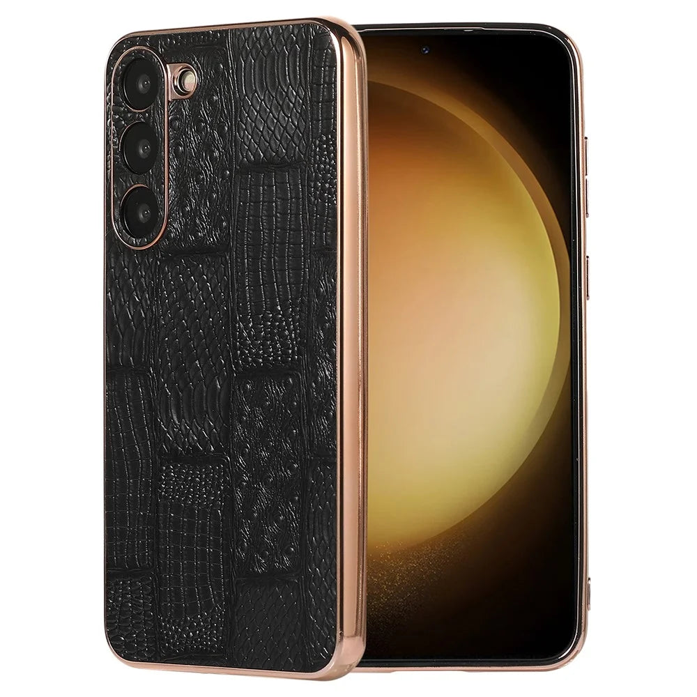 For Samsung Galaxy S23 Nano Electroplating Phone Case Mahjong Texture Genuine Cowhide Leather+PC+TPU Cover - Black - 1
