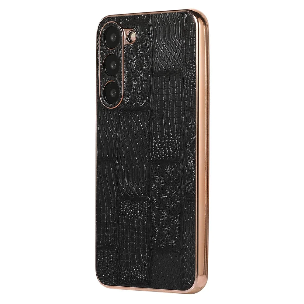 For Samsung Galaxy S23 Nano Electroplating Phone Case Mahjong Texture Genuine Cowhide Leather+PC+TPU Cover - Black - 2