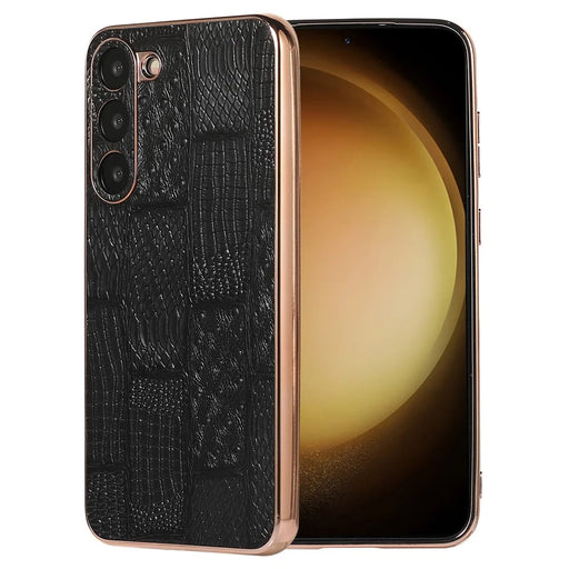 For Samsung Galaxy S23+ Nano Electroplating Mahjong Texture Phone Case Genuine Cowhide Leather+PC+TPU Cover - Black - 1