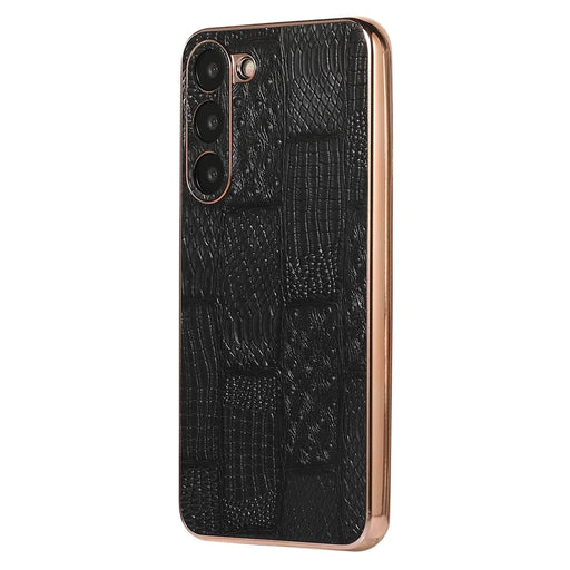 For Samsung Galaxy S23+ Nano Electroplating Mahjong Texture Phone Case Genuine Cowhide Leather+PC+TPU Cover - Black - 2
