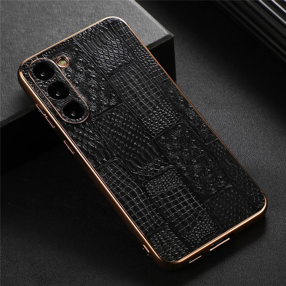 For Samsung Galaxy S23+ Nano Electroplating Mahjong Texture Phone Case Genuine Cowhide Leather+PC+TPU Cover - Black - 3