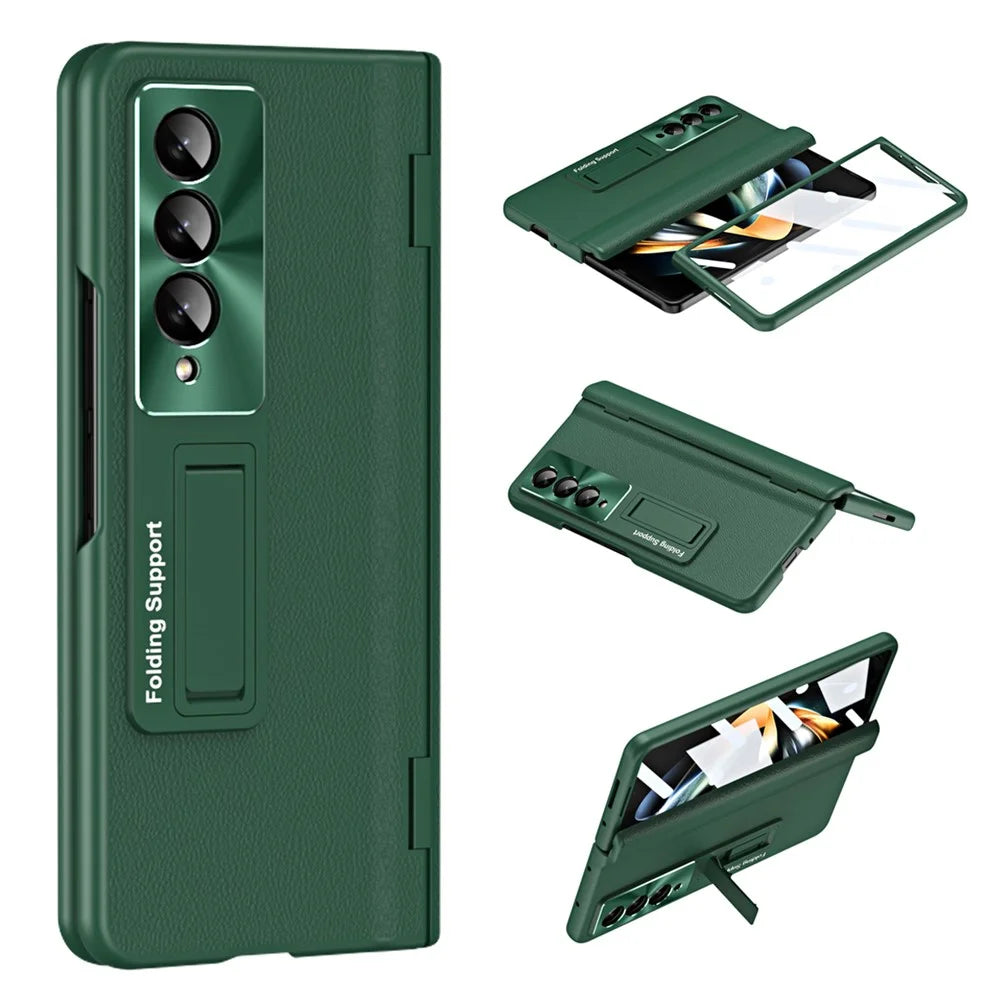 For Samsung Galaxy Z Fold3 5G Leather Coated PC Phone Case Hinge Protection Kickstand Cover with Tempered Glass Film - Green - 1
