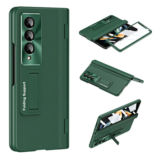 For Samsung Galaxy Z Fold3 5G Leather Coated PC Phone Case Hinge Protection Kickstand Cover with Tempered Glass Film - Green - 1