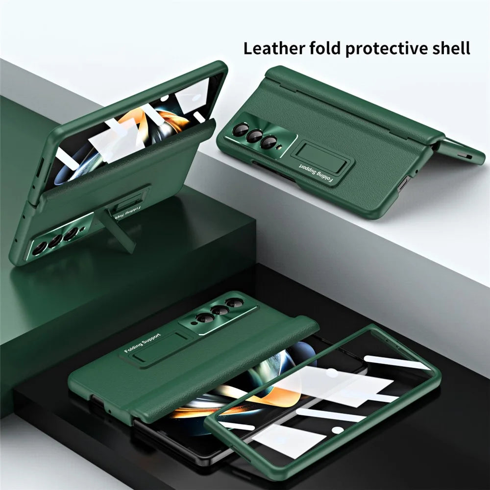 For Samsung Galaxy Z Fold3 5G Leather Coated PC Phone Case Hinge Protection Kickstand Cover with Tempered Glass Film - Green - 2