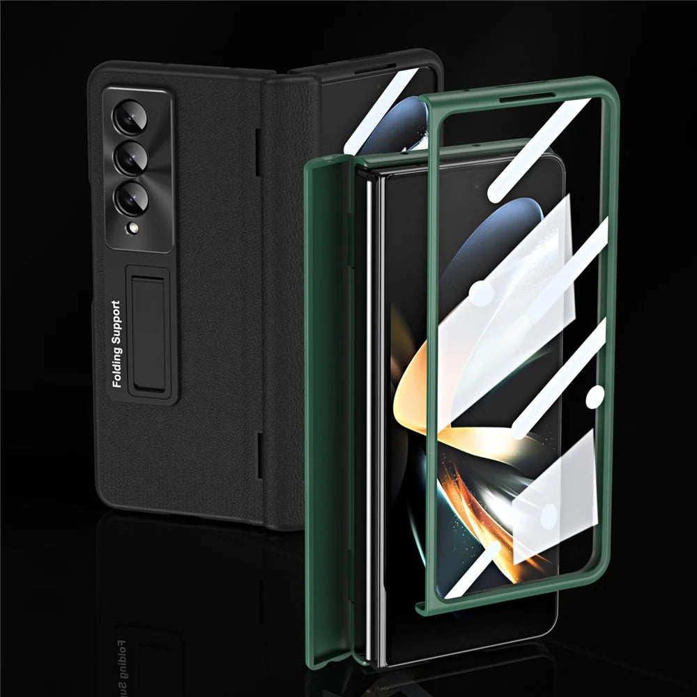 For Samsung Galaxy Z Fold3 5G Leather Coated PC Phone Case Hinge Protection Kickstand Cover with Tempered Glass Film - Green - 3