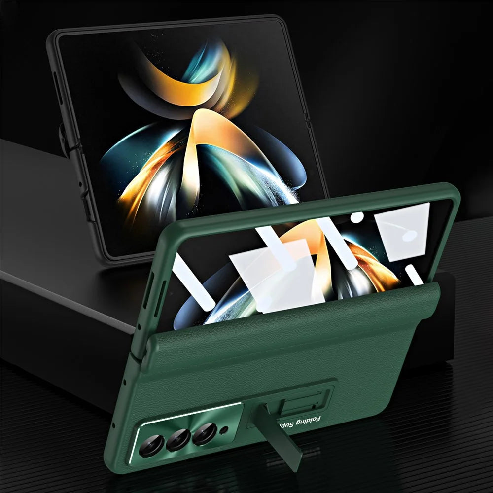 For Samsung Galaxy Z Fold3 5G Leather Coated PC Phone Case Hinge Protection Kickstand Cover with Tempered Glass Film - Green - 4