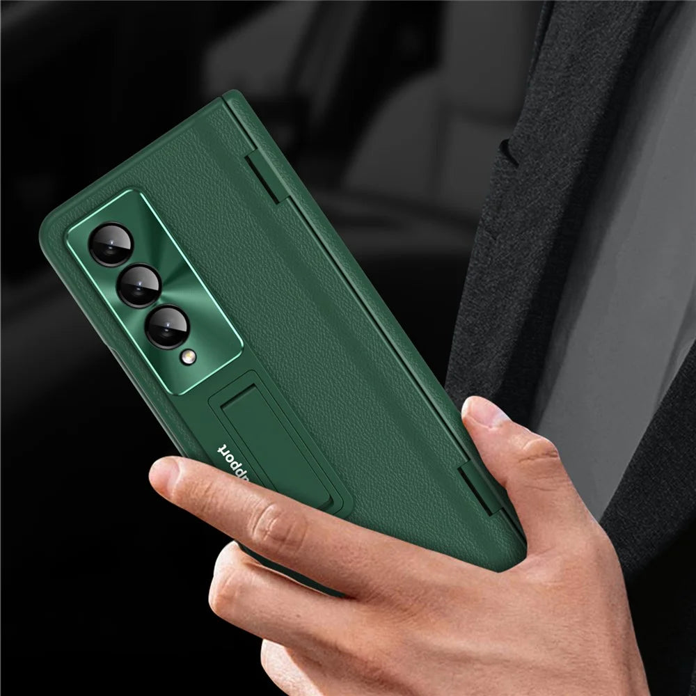 For Samsung Galaxy Z Fold3 5G Leather Coated PC Phone Case Hinge Protection Kickstand Cover with Tempered Glass Film - Green - 6