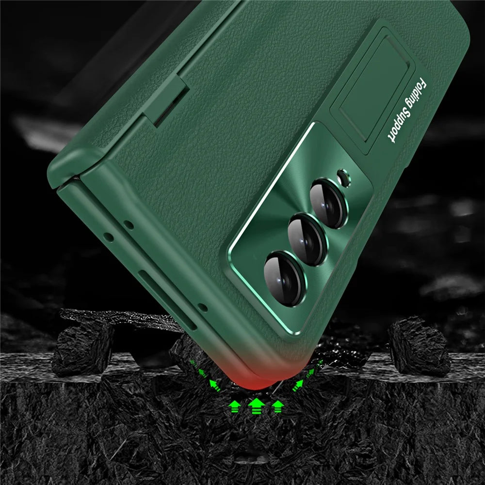 For Samsung Galaxy Z Fold3 5G Leather Coated PC Phone Case Hinge Protection Kickstand Cover with Tempered Glass Film - Green - 7