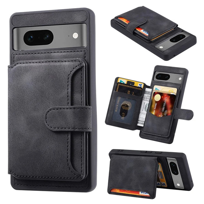 For Google Pixel 6a Leather Coated TPU Phone Case RFID Blocking Wallet Phone Kickstand Cover - Black - 1