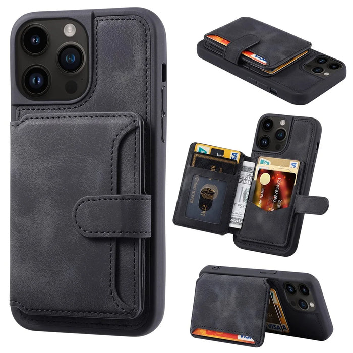 For iPhone 14 Pro Max Phone Wallet Case RFID Blocking Leather Coated TPU Kickstand Cover - Black - 1