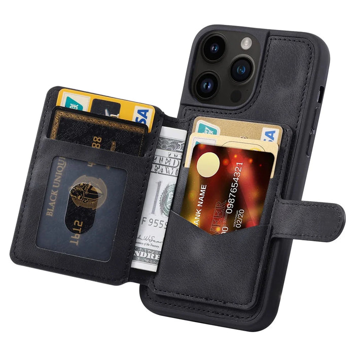 For iPhone 14 Pro Max Phone Wallet Case RFID Blocking Leather Coated TPU Kickstand Cover - Black - 2