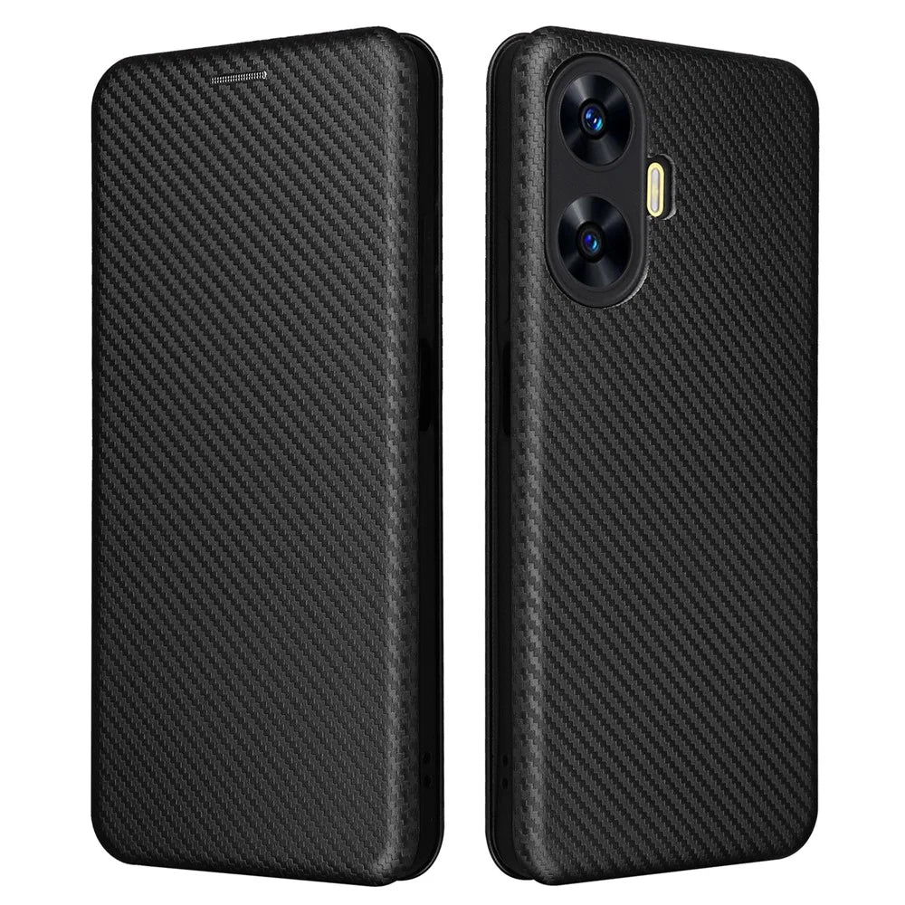For Realme C55 Leather Stand Card Holder Phone Case Carbon Fiber Texture Phone Cover - Black - 1