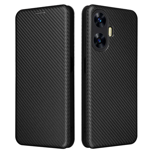 For Realme C55 Leather Stand Card Holder Phone Case Carbon Fiber Texture Phone Cover - Black - 1
