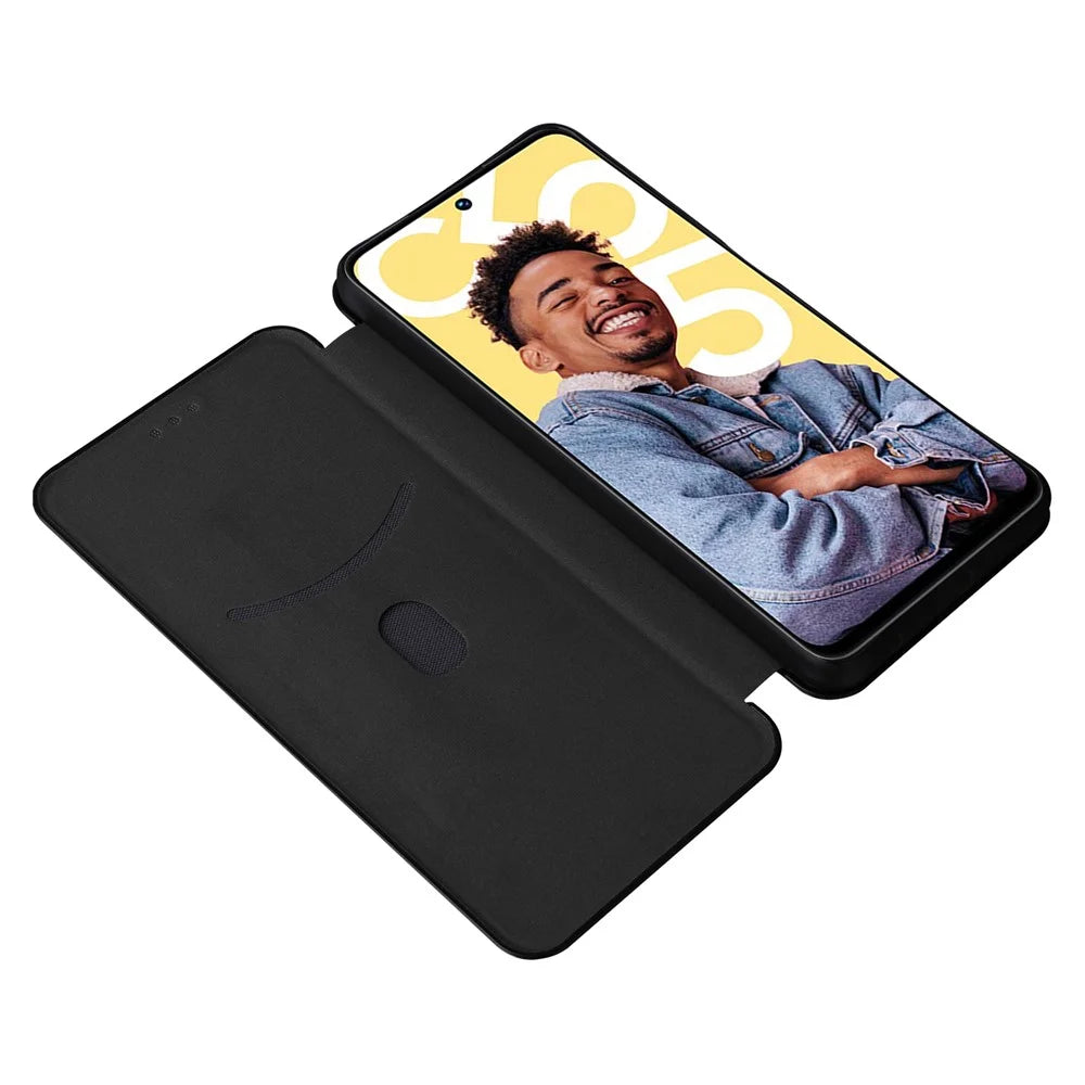 For Realme C55 Leather Stand Card Holder Phone Case Carbon Fiber Texture Phone Cover - Black - 2