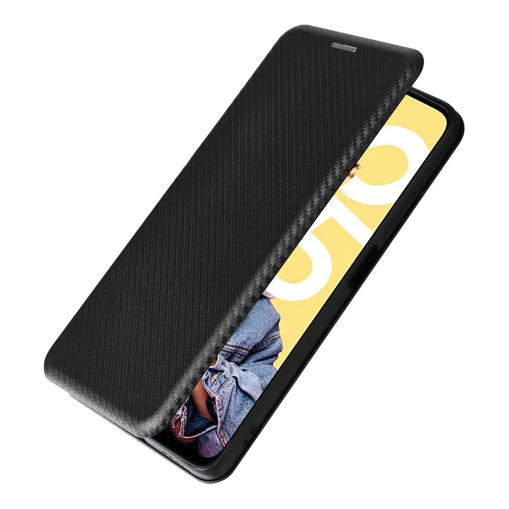 For Realme C55 Leather Stand Card Holder Phone Case Carbon Fiber Texture Phone Cover - Black - 4