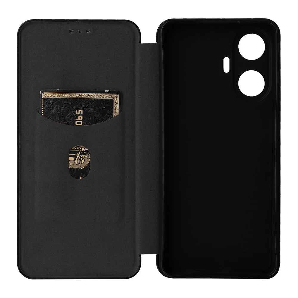For Realme C55 Leather Stand Card Holder Phone Case Carbon Fiber Texture Phone Cover - Black - 5