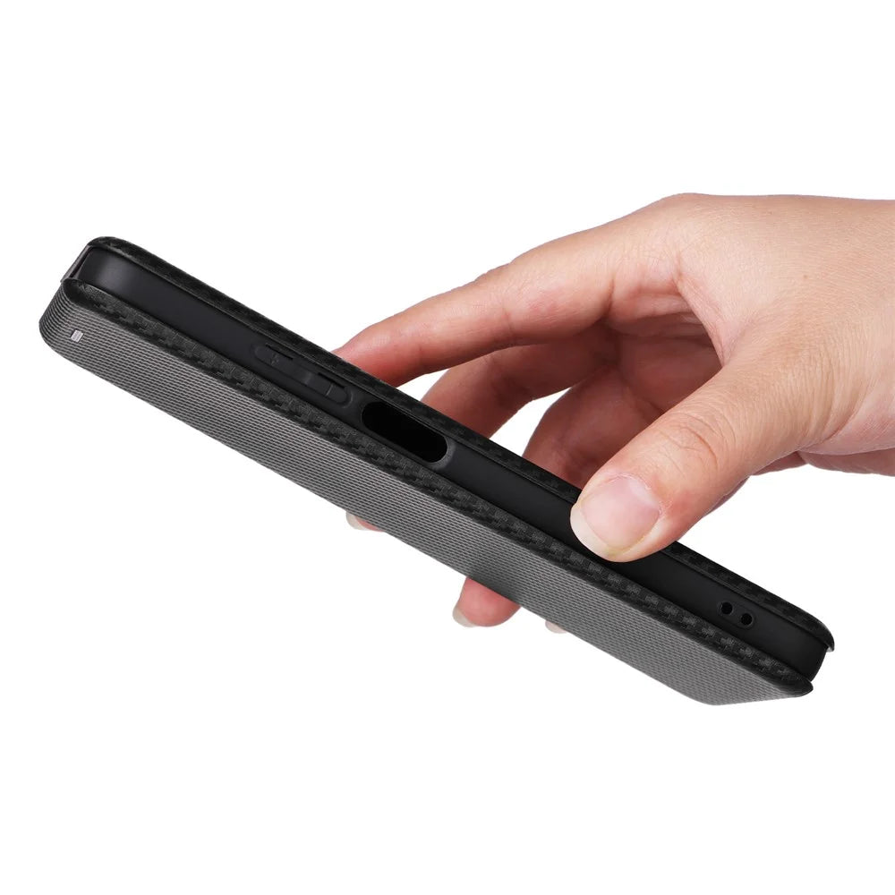 For Realme C55 Leather Stand Card Holder Phone Case Carbon Fiber Texture Phone Cover - Black - 6