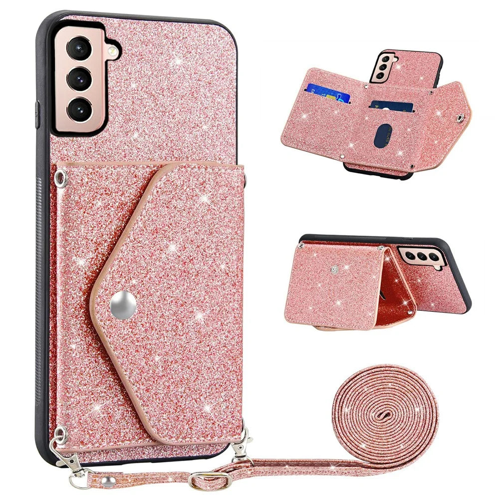 Glitter Phone Case for Samsung Galaxy S23 Kickstand Card Holder Leather Coated TPU Cover with Shoulder Strap - Pink - 1