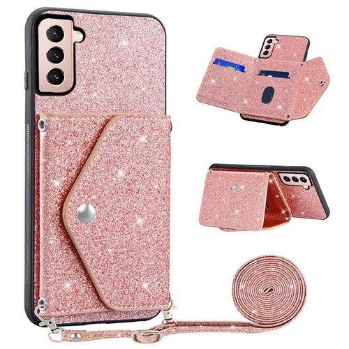 Glitter Phone Case for Samsung Galaxy S23 Kickstand Card Holder Leather Coated TPU Cover with Shoulder Strap - Pink - 1