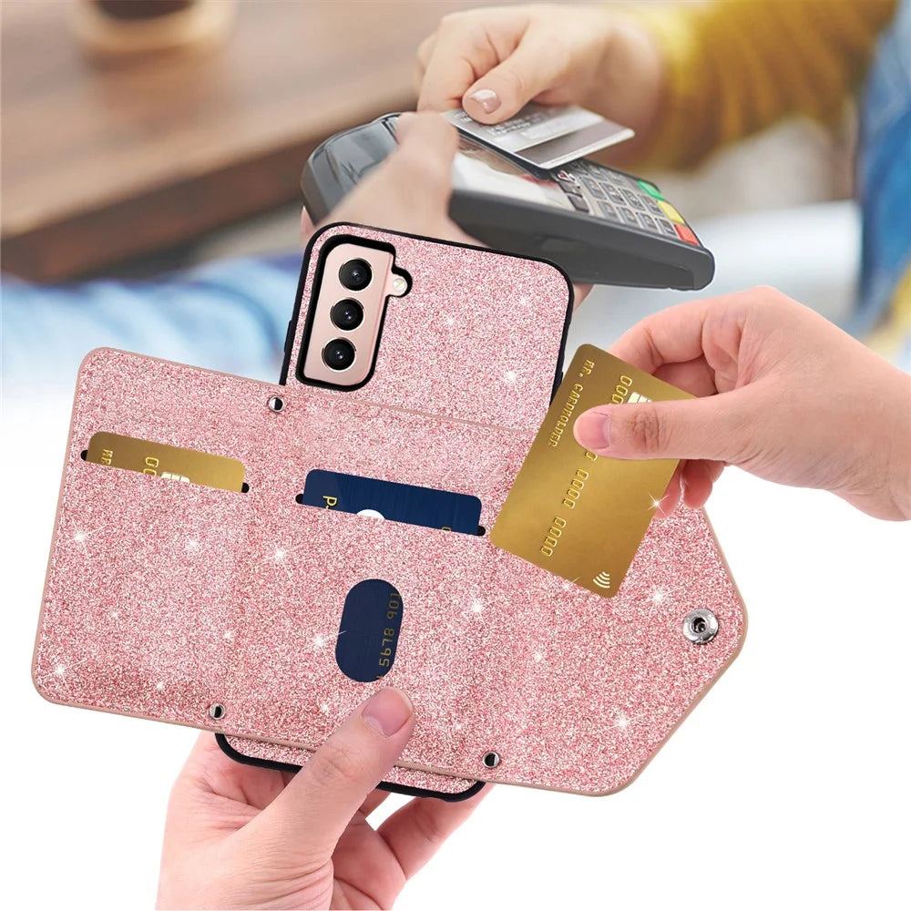 Glitter Phone Case for Samsung Galaxy S23 Kickstand Card Holder Leather Coated TPU Cover with Shoulder Strap - Pink - 2