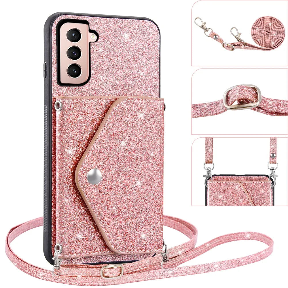 Glitter Phone Case for Samsung Galaxy S23 Kickstand Card Holder Leather Coated TPU Cover with Shoulder Strap - Pink - 4