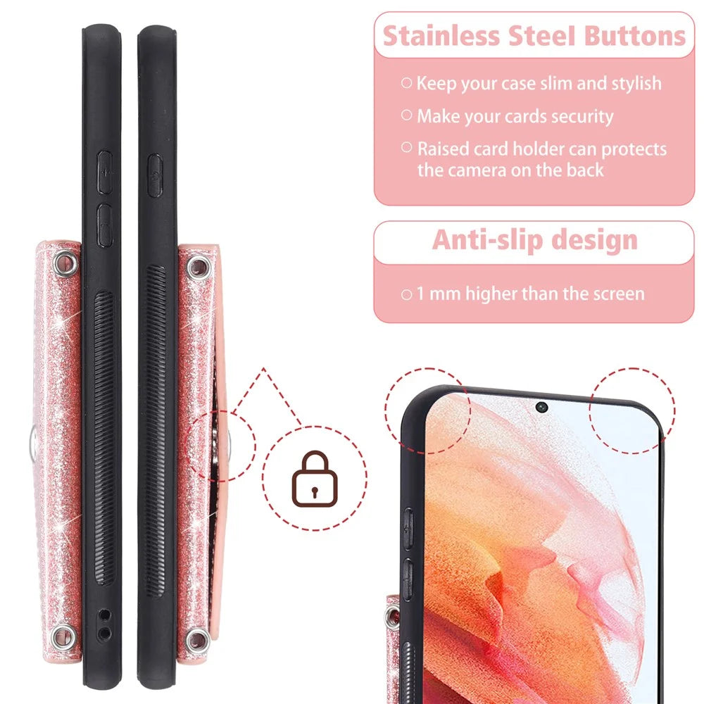 Glitter Phone Case for Samsung Galaxy S23 Kickstand Card Holder Leather Coated TPU Cover with Shoulder Strap - Pink - 6