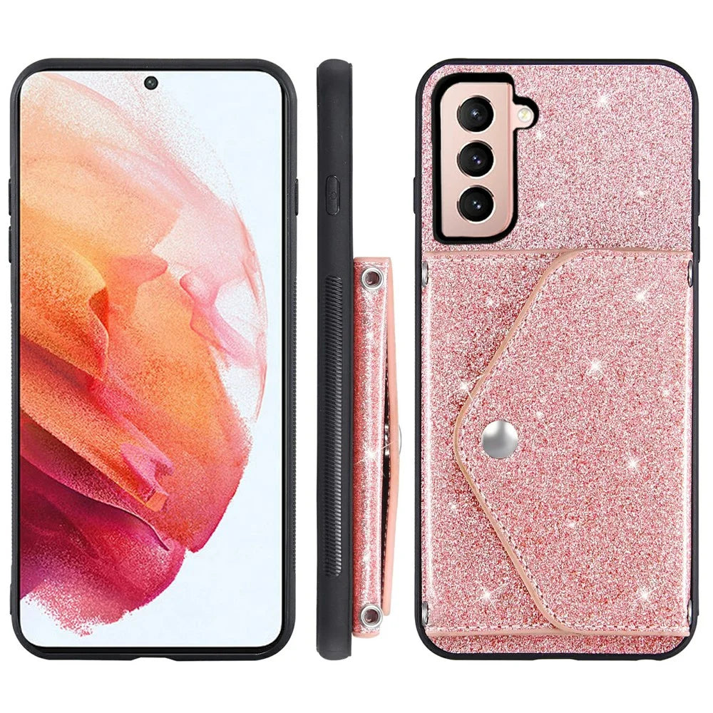 Glitter Phone Case for Samsung Galaxy S23 Kickstand Card Holder Leather Coated TPU Cover with Shoulder Strap - Pink - 7