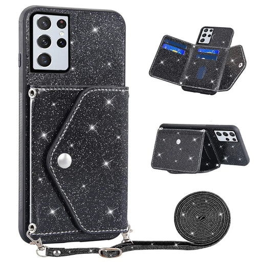For Samsung Galaxy S23 Ultra Triangle Card Holder Kickstand Phone Case PU Leather+TPU Glittery Powder Phone Cover - Black - 1