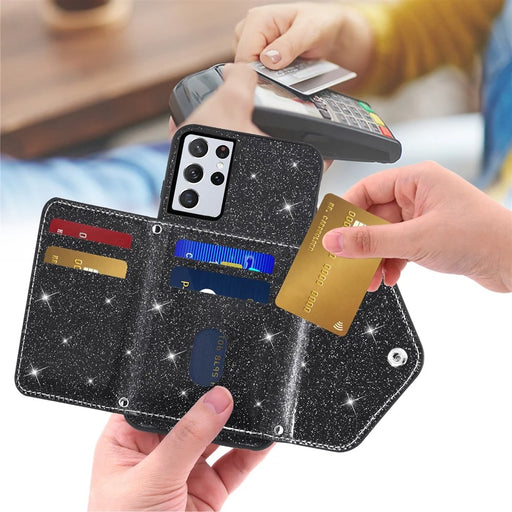 For Samsung Galaxy S23 Ultra Triangle Card Holder Kickstand Phone Case PU Leather+TPU Glittery Powder Phone Cover - Black - 2