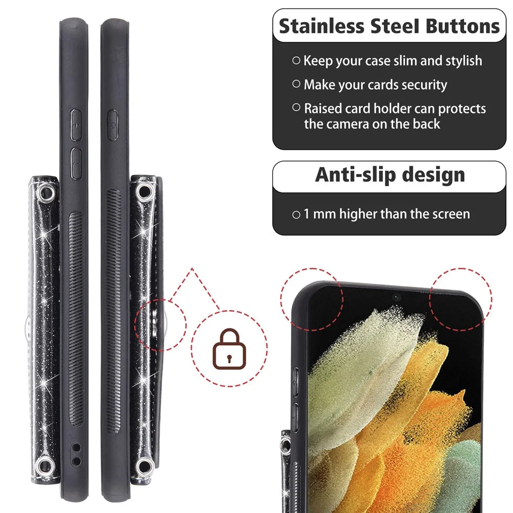 For Samsung Galaxy S23 Ultra Triangle Card Holder Kickstand Phone Case PU Leather+TPU Glittery Powder Phone Cover - Black - 6