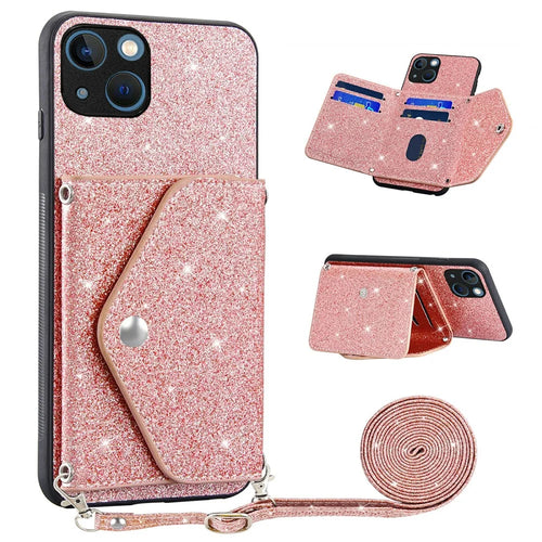 Protective Case for iPhone 14 Anti-fall Kickstand Triangle Card Holder PU Leather+TPU Phone Cover - Pink - 1