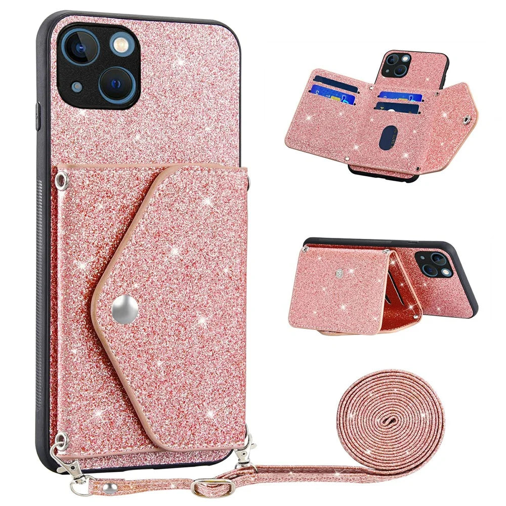 Protective Case for iPhone 14 Anti-fall Kickstand Triangle Card Holder PU Leather+TPU Phone Cover - Pink - 1
