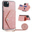 Protective Case for iPhone 14 Anti-fall Kickstand Triangle Card Holder PU Leather+TPU Phone Cover - Pink - 1