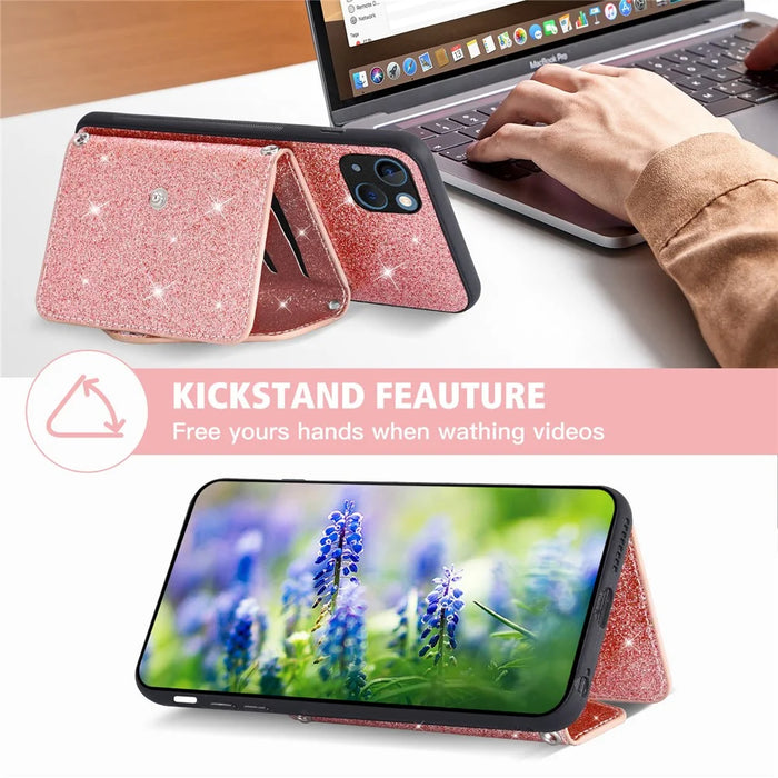 Protective Case for iPhone 14 Anti-fall Kickstand Triangle Card Holder PU Leather+TPU Phone Cover - Pink - 3
