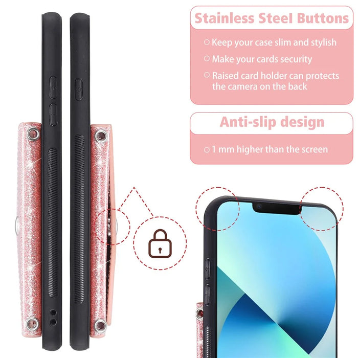 Protective Case for iPhone 14 Anti-fall Kickstand Triangle Card Holder PU Leather+TPU Phone Cover - Pink - 6