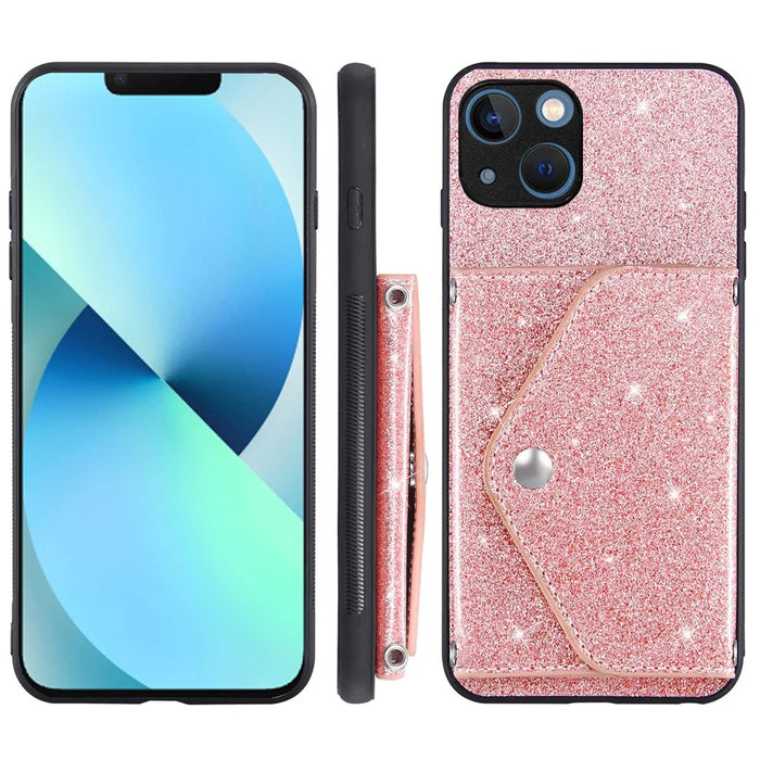 Protective Case for iPhone 14 Anti-fall Kickstand Triangle Card Holder PU Leather+TPU Phone Cover - Pink - 7