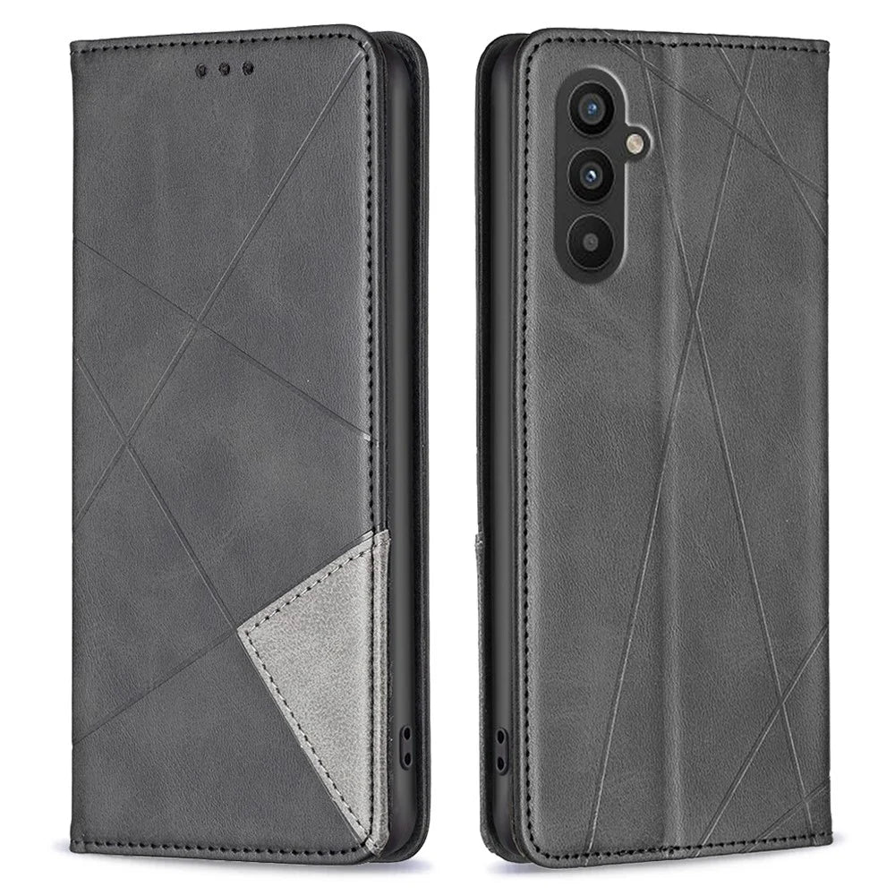 For Samsung Galaxy A24 4G (162.1 x 77.6 x 8.3mm) PU Leather Card Holder Phone Shell Splicing Imprinting Pattern Phone Stand Cover - Black - 1