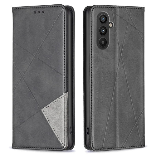 For Samsung Galaxy A24 4G (162.1 x 77.6 x 8.3mm) PU Leather Card Holder Phone Shell Splicing Imprinting Pattern Phone Stand Cover - Black - 1