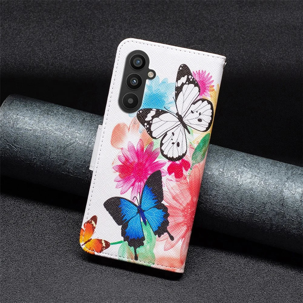For Samsung Galaxy A24 4G (162.1 x 77.6 x 8.3mm) Pattern Printing Anti-drop Phone Case PU Leather Wallet Stand Cover - Two Butterflies - 5