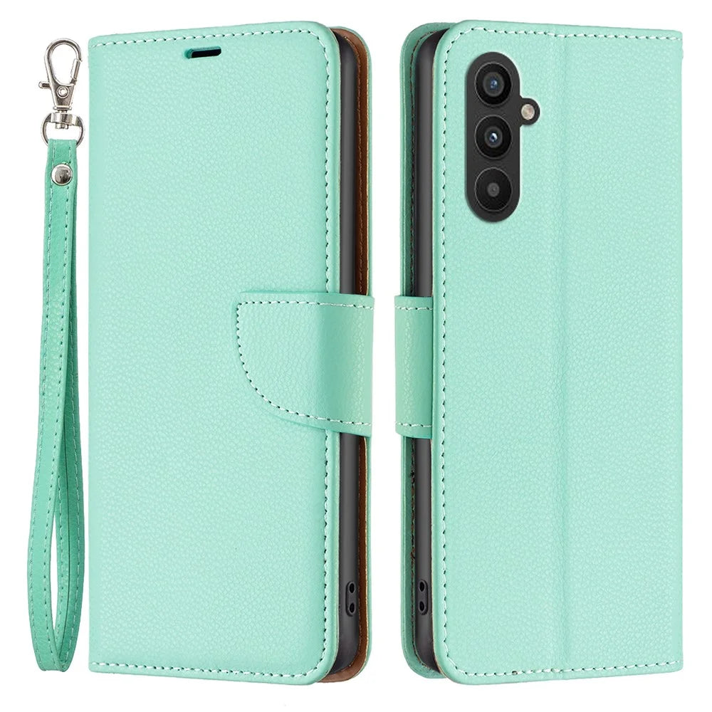 For Samsung Galaxy A24 4G (162.1mm) Wallet Case with Wrist Strap Litchi Texture Leather Phone Stand Cover - Green - 1