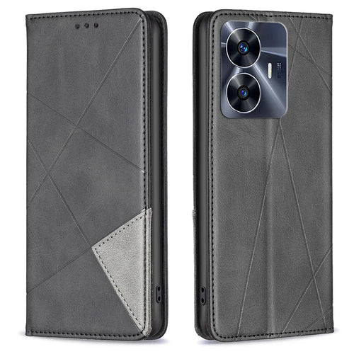 For Realme C55 Splicing PU Leather Card Holder Phone Shell Imprinting Pattern Cell Phone Stand Case - Black - 1