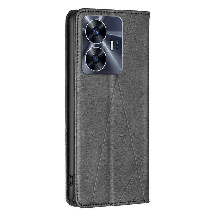 For Realme C55 Splicing PU Leather Card Holder Phone Shell Imprinting Pattern Cell Phone Stand Case - Black - 7