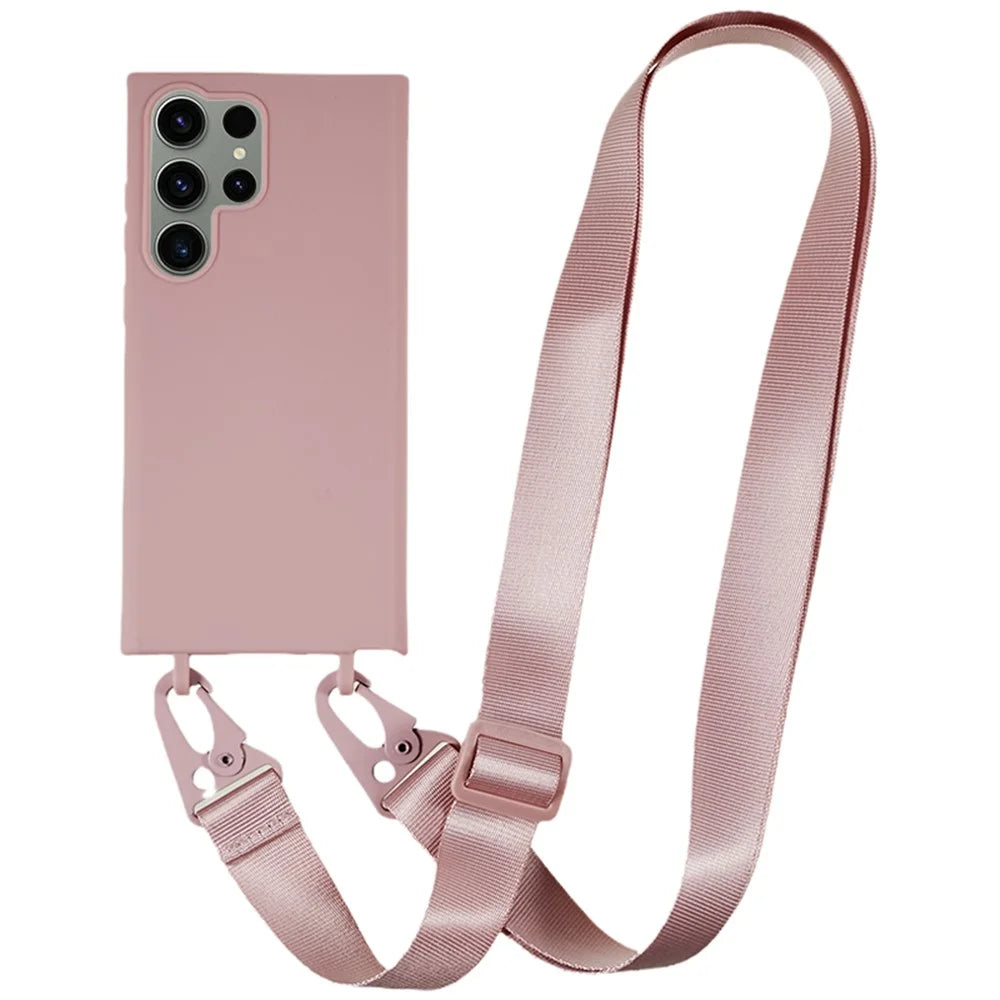 TPU Case for Samsung Galaxy S23 Ultra Matte Finish Phone Protector Cover with Wide Lanyard - Deep Pink - 1
