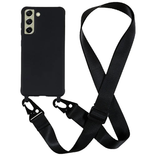 For Samsung Galaxy S21 FE 5G Soft TPU Matte Phone Case Anti-drop Cover with Wide Lanyard - Black - 1