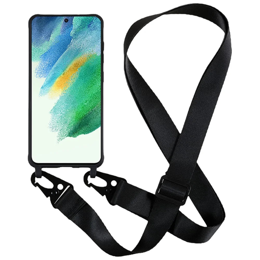 For Samsung Galaxy S21 FE 5G Soft TPU Matte Phone Case Anti-drop Cover with Wide Lanyard - Black - 2