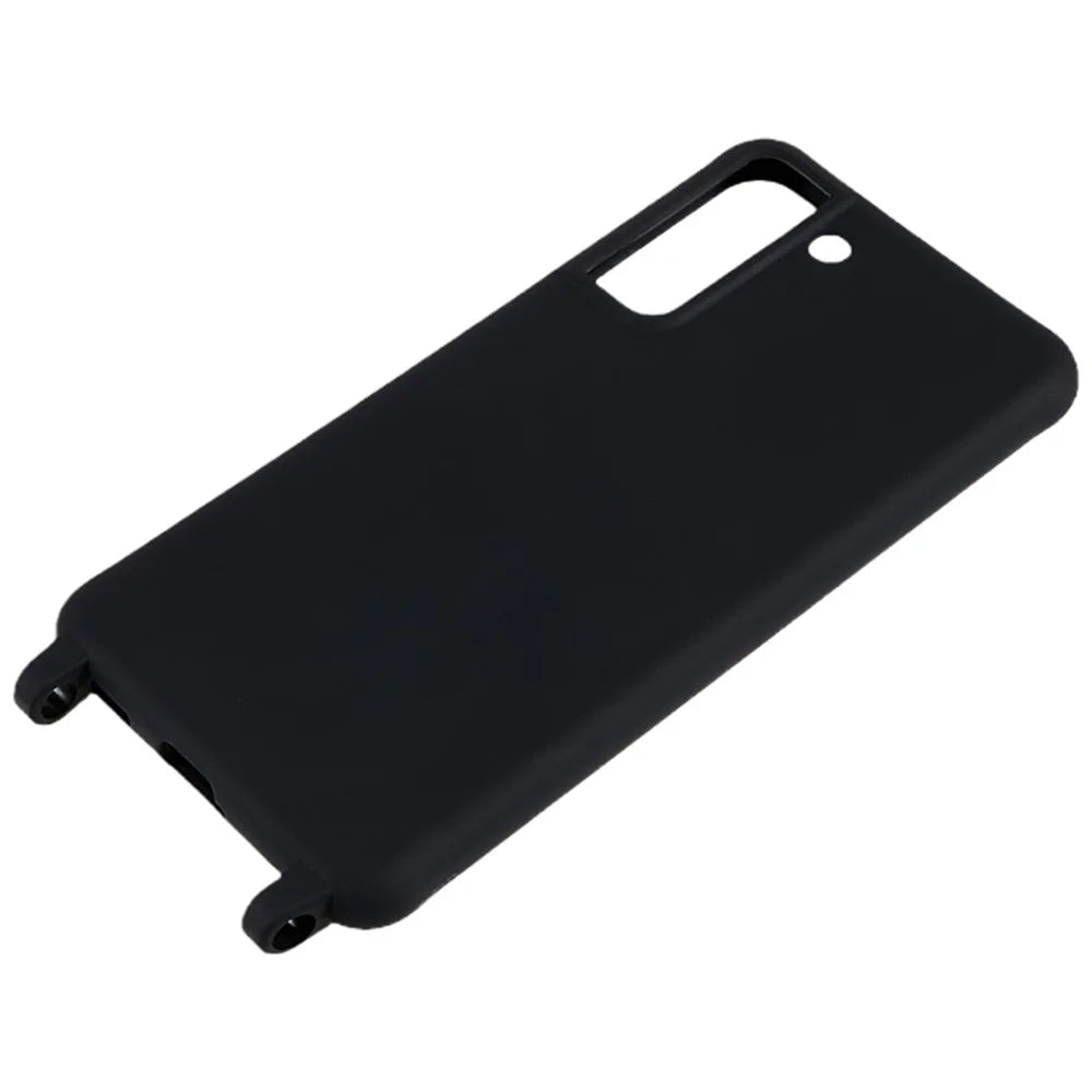 For Samsung Galaxy S21 FE 5G Soft TPU Matte Phone Case Anti-drop Cover with Wide Lanyard - Black - 5