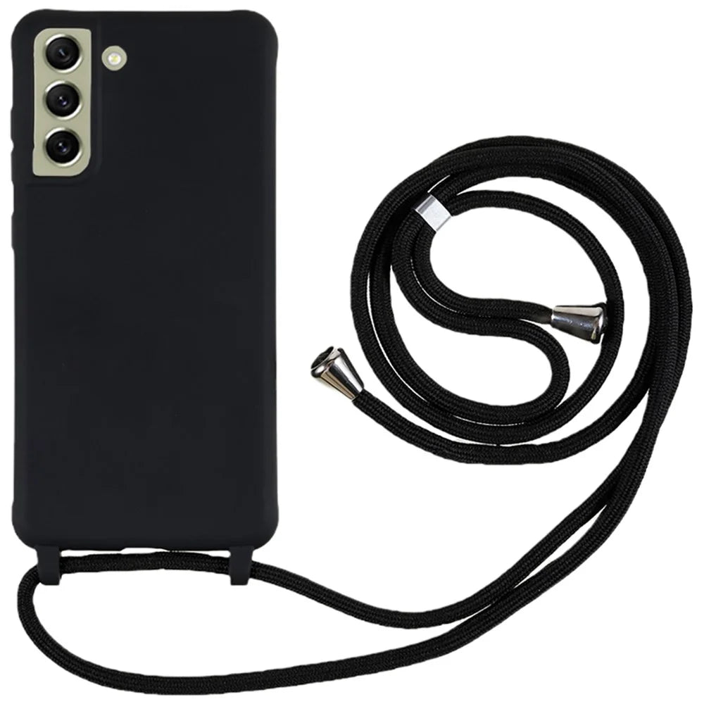 For Samsung Galaxy S21 FE 5G Shockproof Back Cover Flexible TPU Phone Case with Lanyard - Black - 1